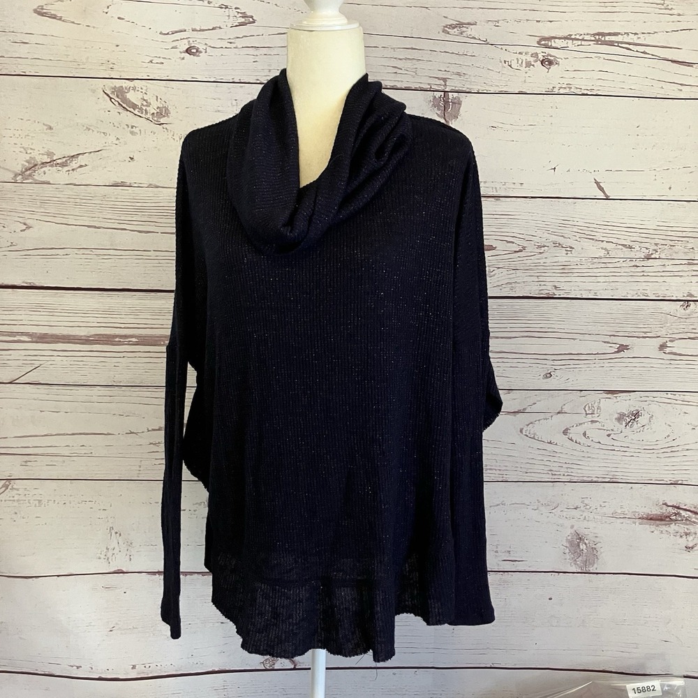 Anthropologie Postmark Sweater Sz M Navy Metallic Cowl‎ neck Relaxed Ruffle